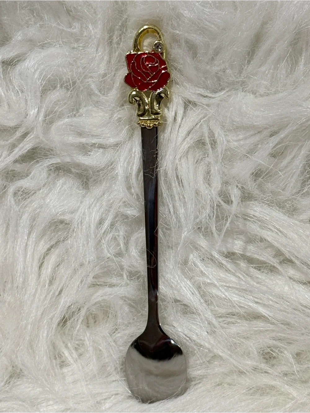 Vintage Red Rose Decorative Iced Tea Souvenir Spoon Gold Silver Tone Enamel